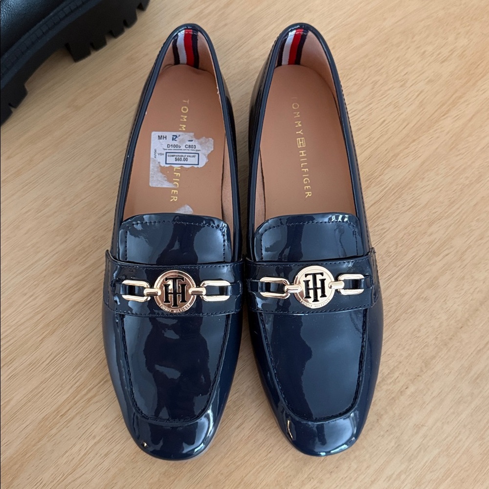 Tommy Hilfiger Glossy Blue Loafers with Gold Emblem